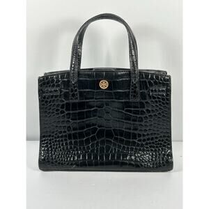 Tory Burch Women's Walker Crocodile Embossed Small Satchel Black Handbag‎